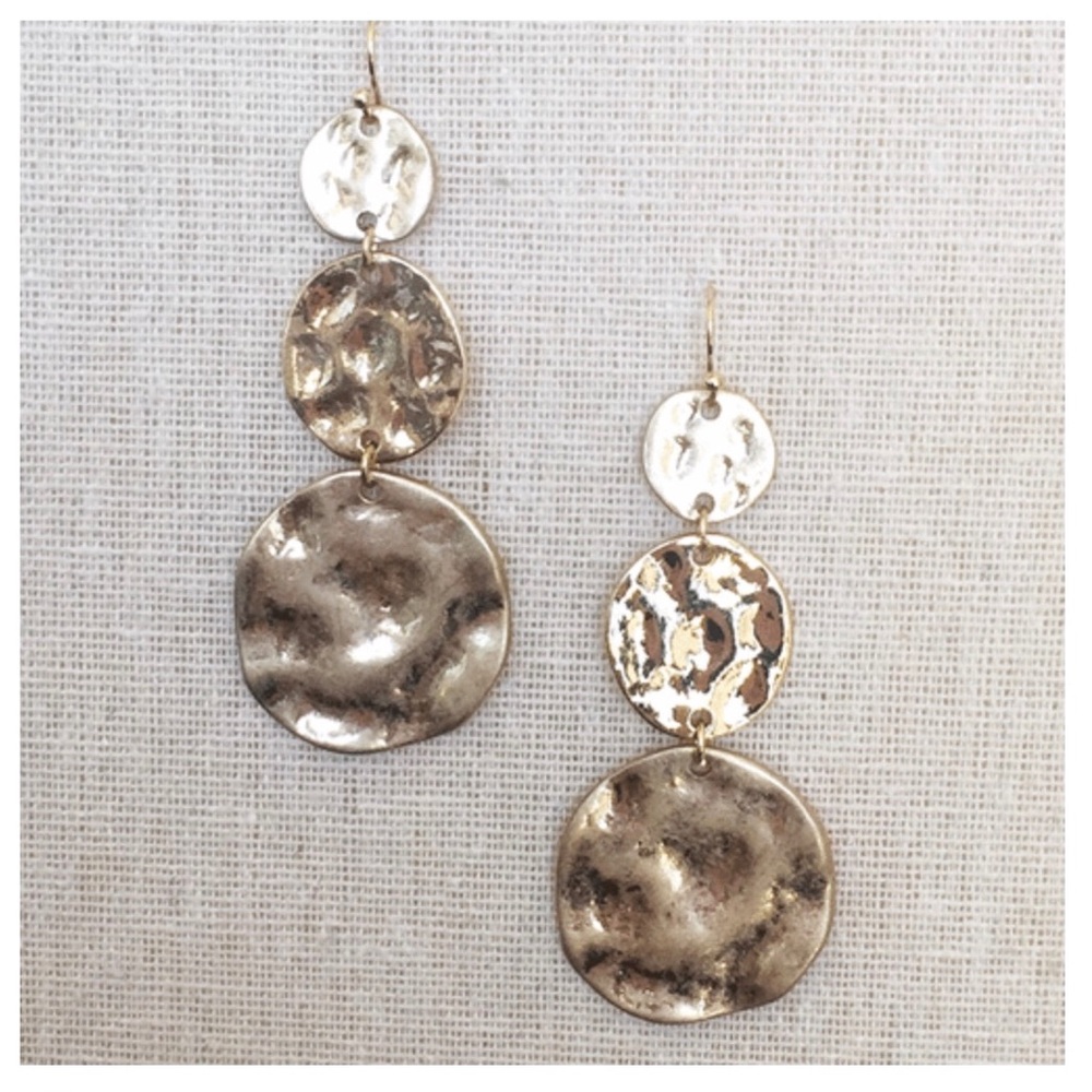 Hammered 3 Tier Drop Earrings- Gold